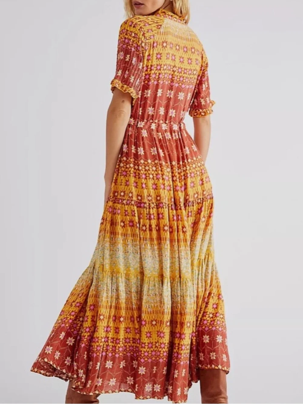Free People RARE Feeling Tiered Printed Tassel Tie Maxi Dress